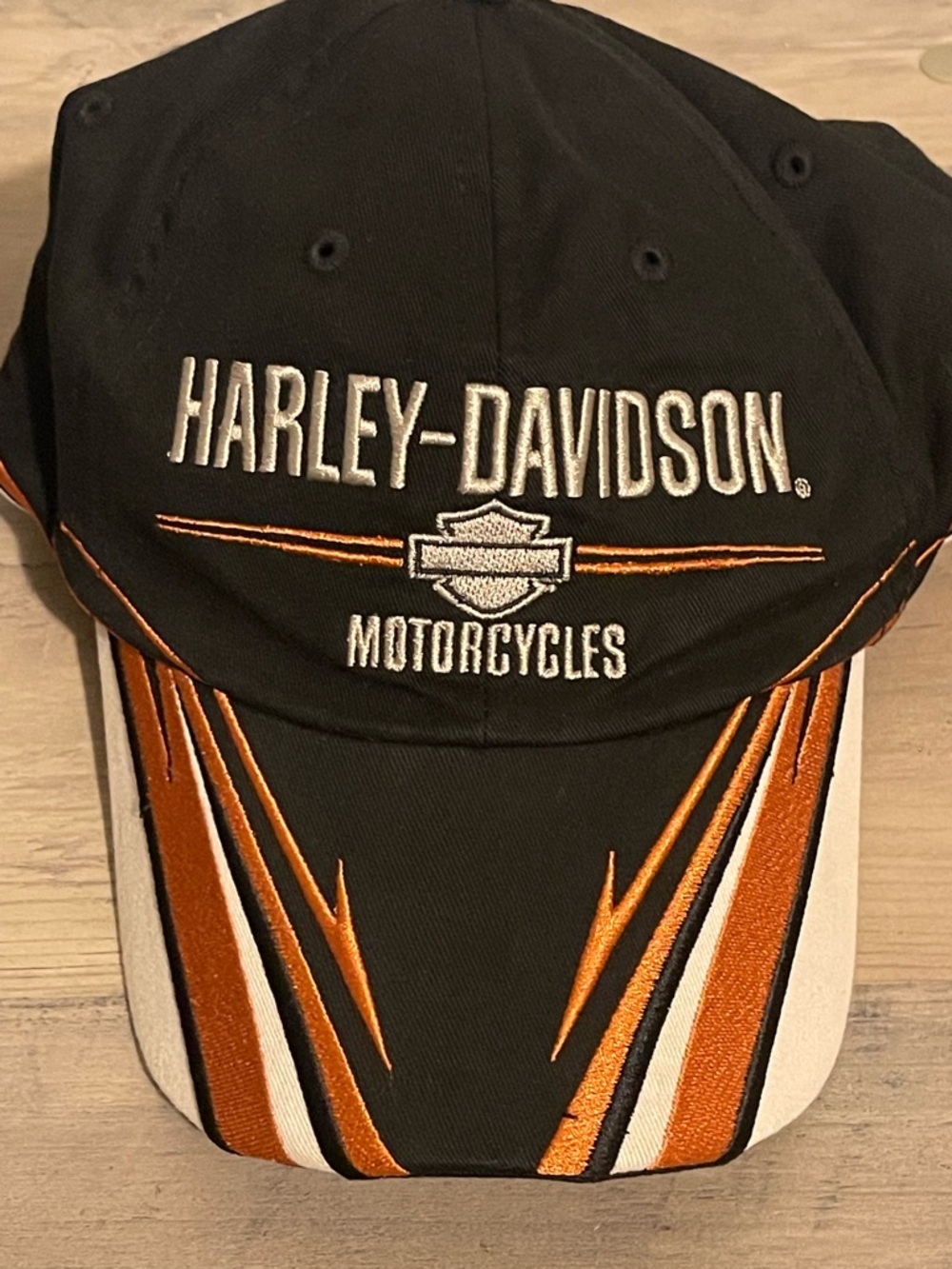Harley-Davidson Black Cap with Orange and White Pinstripe Accents